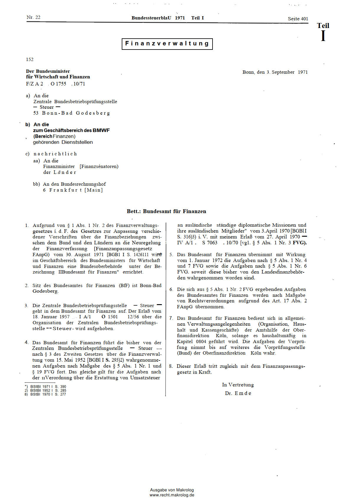 Erlass vom 3. September 1977 zur Gründung des Bundesamt für Finanzen